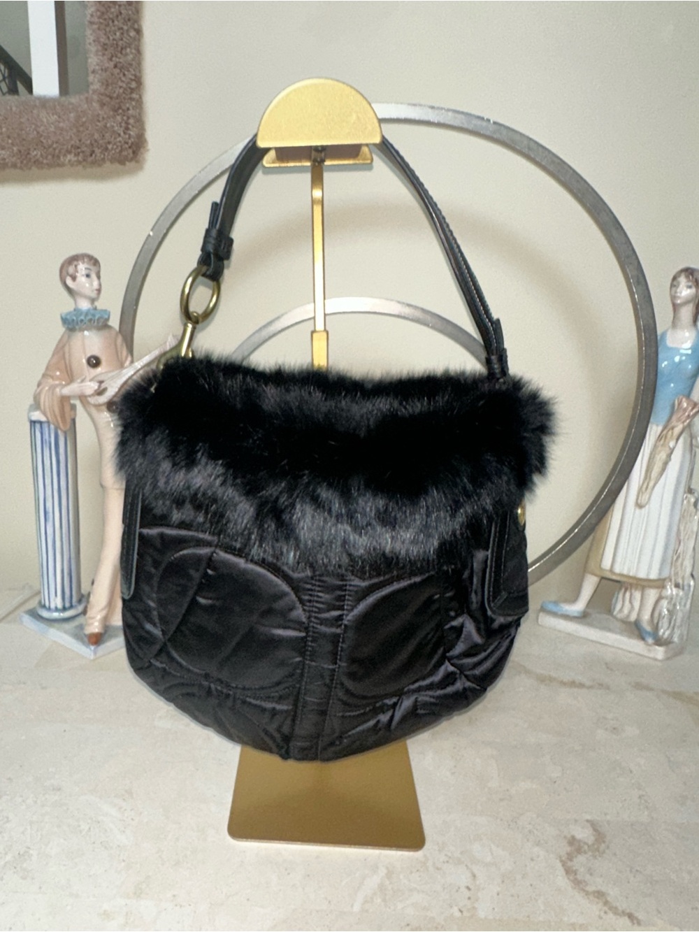 Coach Rabbit Fur Trim Hobo Bag - Women